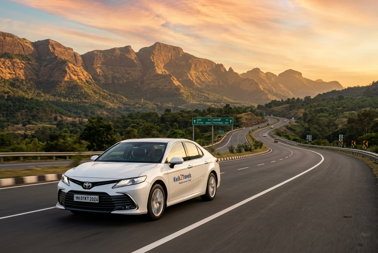 Premium sedan travelling along a scenic Indian highway at golden hour